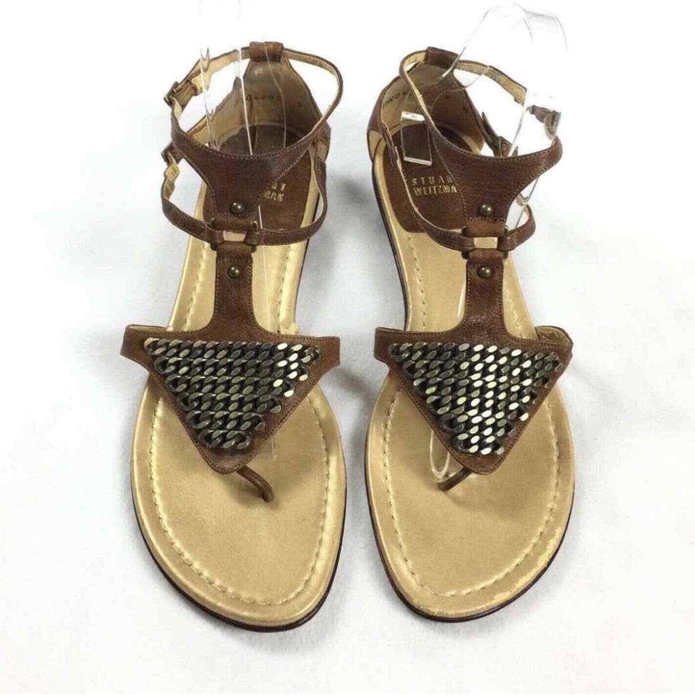 Stuart Weitzman Leather Chain Thong Flat Sandals Women’s Size 8